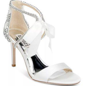 Badgley Mischka Bonita Crystal Satin Ribbon-Tie Heels - White